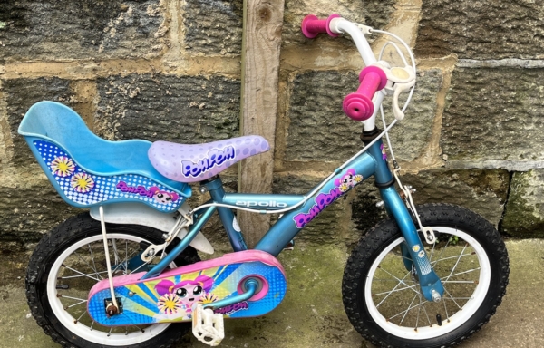 Apollo PomPom 14in girls bike, metallic blue